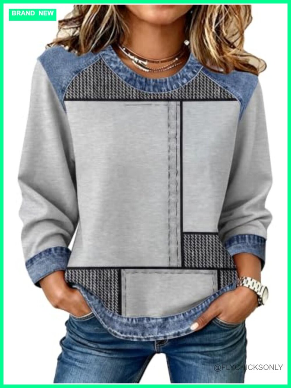 Womens Crewneck Sweatshirt Plaid Striped Denim Patchwork Pullover
